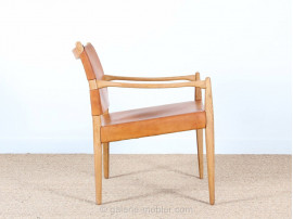 Pair of scandinavian oak and leather easy chairs