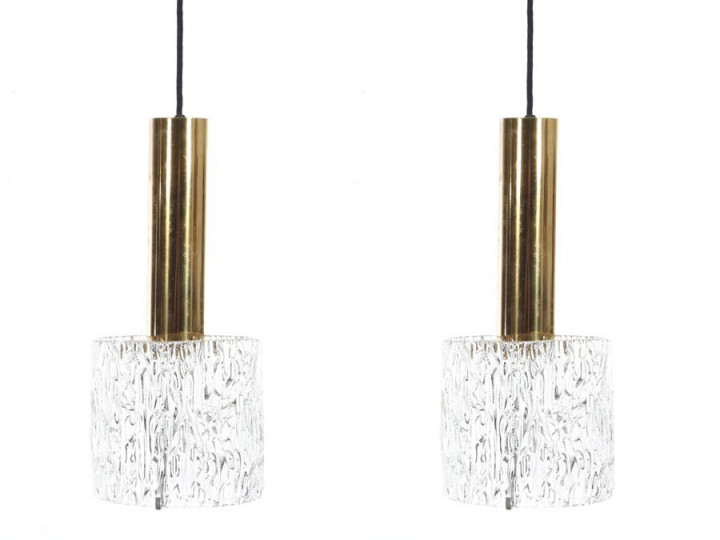 Mid century modern pair of pendant lamps in glass and brass by Carl Fagerlund