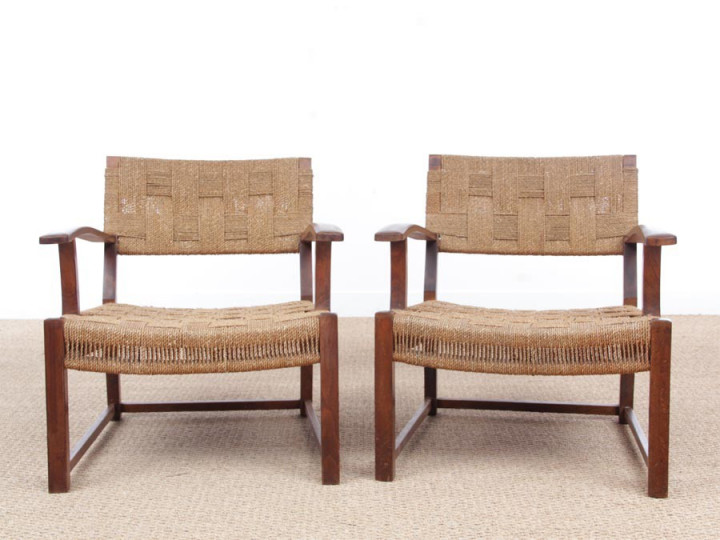 Mid-Century Modern pair of arm chairs  with woven sea grass.